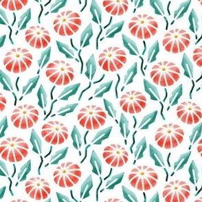Small scale / Orange watercolor flowers with teal green leaves on white / Bright colored umbrella shaped florals in reddish orange with pointy leaves on white
