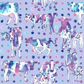 watercolor holstein friesian dairy cow and calf purple teal and pink with polkadots