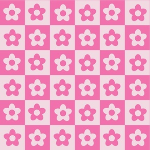 Hot Pink and White Retro Checkered Flower Pattern