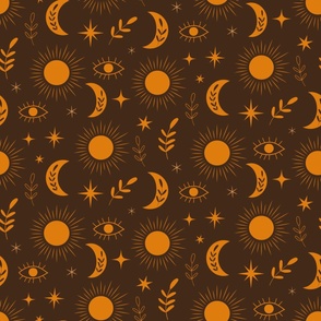 Boho Orange  moon and sun pattern on dark brown 