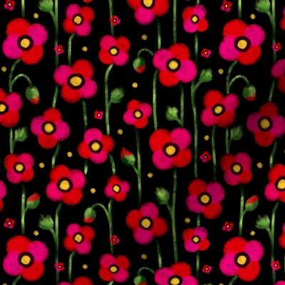 Small scale / Red poppies on black / Bright vibrant hot reddish pink florals and yellow dots on dark background/ rich bold hand drawn textured gouache watercolor poppy anemone flowers and green leaves buds