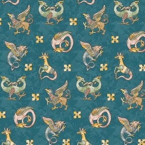 Medieval Beasts - Blue - Dollhouse wallpaper