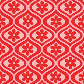 Red retro 70s flower on ogee pattern 