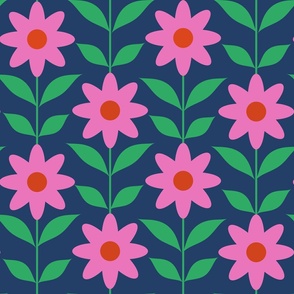 Retro pink mod flowers with green leaves 