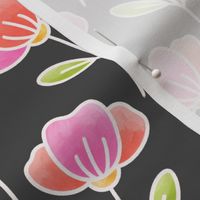 Small scale / peach pink watercolor tulips line art flowers / soft pastel pink florals on deep gray dark background 