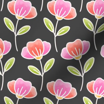 Small scale / peach pink watercolor tulips line art flowers / soft pastel pink florals on deep gray dark background 