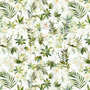 14" A beautiful exotic flower garden with white orchids and camellia flowers on white background double layer-  tropical palm leaves and branches for home decor Baby Girl and  nursery fabric perfect for kidsroom wallpaper,  kids room