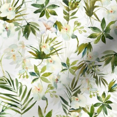 10" A beautiful exotic flower garden with white orchids and camellia flowers on white background double layer-  tropical palm leaves and branches for home decor Baby Girl and  nursery fabric perfect for kidsroom wallpaper,  kids room