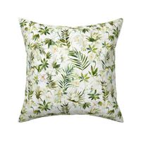 10" A beautiful exotic flower garden with white orchids and camellia flowers on white background double layer-  tropical palm leaves and branches for home decor Baby Girl and  nursery fabric perfect for kidsroom wallpaper,  kids room