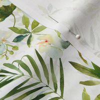 10" A beautiful exotic flower garden with white orchids and camellia flowers on white background double layer-  tropical palm leaves and branches for home decor Baby Girl and  nursery fabric perfect for kidsroom wallpaper,  kids room