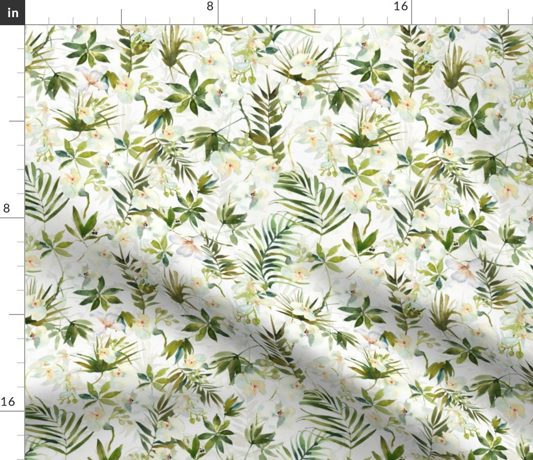 10" A beautiful exotic flower garden with white orchids and camellia flowers on white background double layer-  tropical palm leaves and branches for home decor Baby Girl and  nursery fabric perfect for kidsroom wallpaper,  kids room