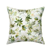 Turned left 18" A beautiful exotic flower garden with white orchids and camellia flowers on white background double layer-  tropical palm leaves and branches for home decor Baby Girl and  nursery fabric perfect for kidsroom wallpaper,  kids room