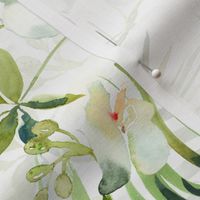 Turned left 18" A beautiful exotic flower garden with white orchids and camellia flowers on white background double layer-  tropical palm leaves and branches for home decor Baby Girl and  nursery fabric perfect for kidsroom wallpaper,  kids room