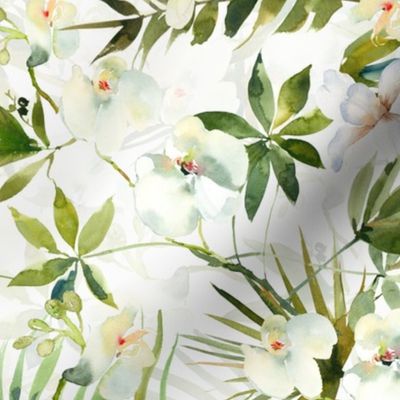 Turned left 18" A beautiful exotic flower garden with white orchids and camellia flowers on white background double layer-  tropical palm leaves and branches for home decor Baby Girl and  nursery fabric perfect for kidsroom wallpaper,  kids room