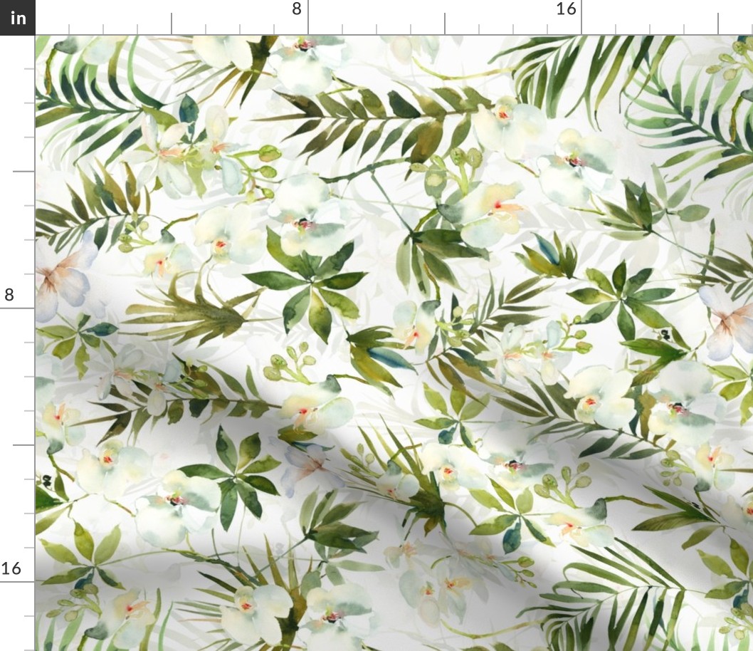 Turned left 18" A beautiful exotic flower garden with white orchids and camellia flowers on white background double layer-  tropical palm leaves and branches for home decor Baby Girl and  nursery fabric perfect for kidsroom wallpaper,  kids room