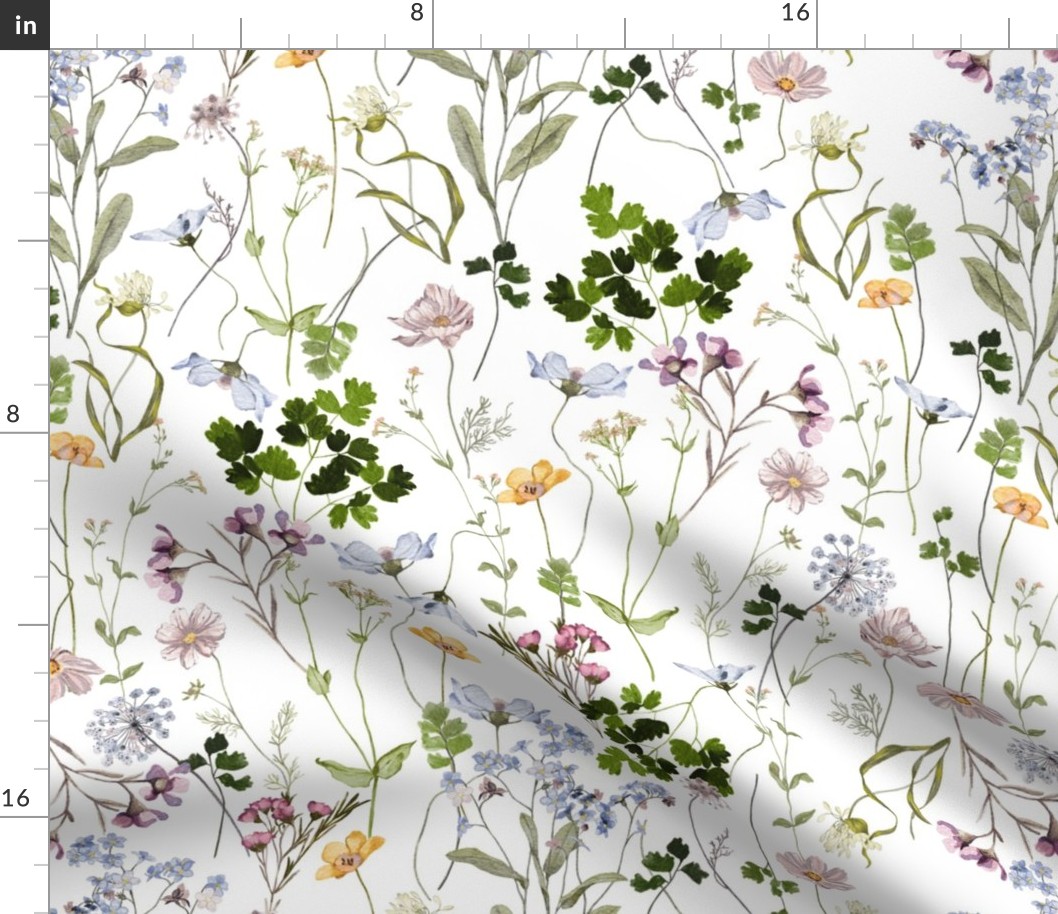18" A beautiful cute handpainted midsummer dried flower garden with wildflowers and grasses and herbs on white background- double layer- for home decor Baby Girl  and  nursery fabric perfect for kidsroom wallpaper,kids room