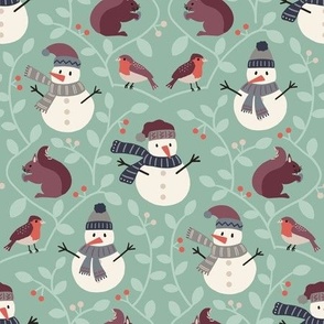 Snowmen and winter friends - teal green background