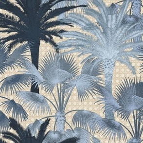Tropical Palms over Cane webbing  - Blue on Natural