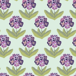 Pretty, hand drawn, colorful pansies floral pattern on a mint green background.