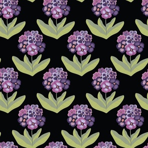 Hand drawn purple and green pansy flowers floral pattern on a black background.