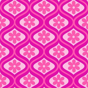 Hot Pink Retro flowers on ogee ovals pattern - Medium Fabric 