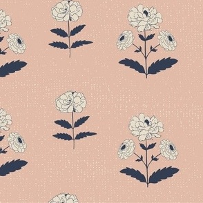 Indian Floral //Block Print style// peach,indigo,cream//medium scale//fabric//home decor
