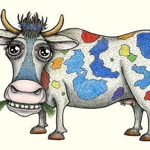 quirky rainbow cow, jumbo large scale, ivory soft white cream ecru off neutral white pearl red orange yellow green blue indigo violet pink black and white farm cute whimsical