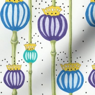 Poppy Seed Heads in Blue, purple, turquoise, yellow and green
