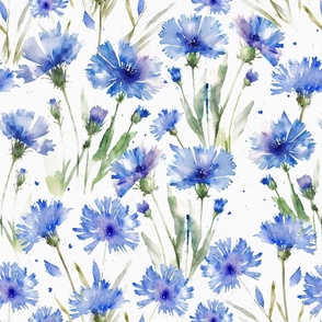 18" A beautiful cute midsummer flower garden with blue cornflowers on white background-  blossoms and green leaves and splashes for home decor Baby Girl  and  nursery fabric perfect for kidsroom wallpaper,kids room