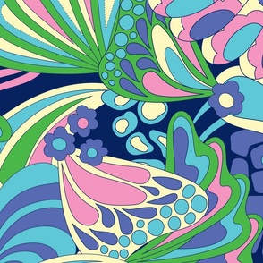 60s retro abstract animal print featuring butterfly wings, giraffe, zebra and cheetah in green, blue, pink and purple