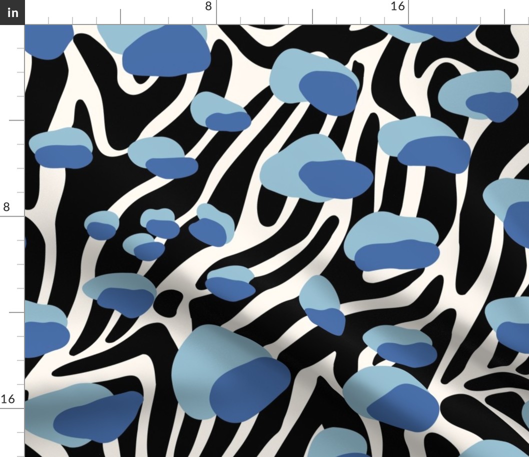 Leopard On Zebra - Jumbo - Blue - Fabric Only - Abstract Animal Print, Black, White