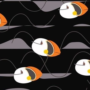 (L) Abstract flying puffins - black