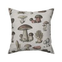 FADED COLORS VINTAGE MUSHROOMS - BURLAP TEXTURE, MEDIUM SCALE