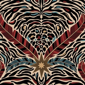Tiger stripes and feathers - abstract maximalist animal print - red, blue, gold - extra large