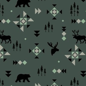 Native Canada woodland pine trees plaid design - woodland animals and geometric triangles and details forest green