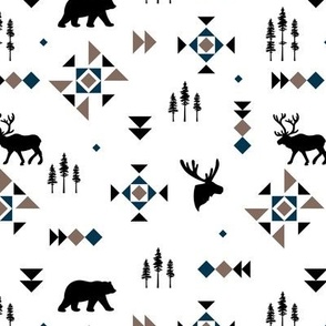 Native Canada woodland pine trees plaid design - woodland animals and geometric triangles and details neutral black white brown