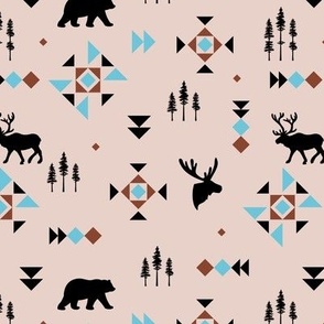 Native Canada woodland pine trees plaid design - woodland animals and geometric triangles and details neutral brown blue on tan