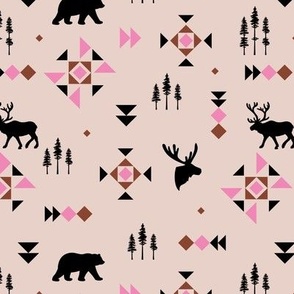 Native Canada woodland pine trees plaid design - woodland animals and geometric triangles and details neutral brown pink on tan