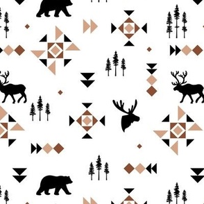 Native Canada woodland pine trees plaid design - woodland animals and geometric triangles and details neutral brown beige black and white