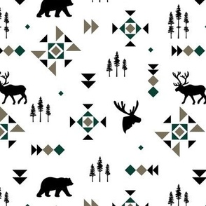 Native Canada woodland pine trees plaid design - woodland animals and geometric triangles and details neutral pine green olive black and white