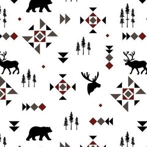 Native Canada woodland pine trees plaid design - woodland animals and geometric triangles and details neutral gray burgundy black and white