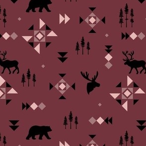 Native Canada woodland pine trees plaid design - woodland animals and geometric triangles and details blush latte beige black on plum