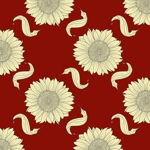 Sunflower and swirly leaves pale yellow and burgundy