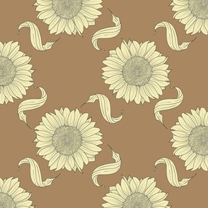 Sunflower and swirly leaves pale yellow and tan