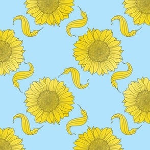 Sunflower and swirly leaves bright yellow light blue