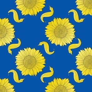 Sunflowers and swirly leaves bright yellow blue