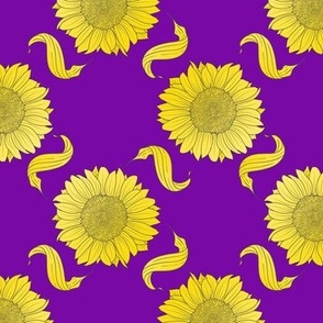 Sunflowers and swirly leaves bright yellow purple