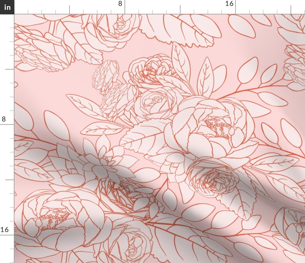 Jumbo Floral Line Art Overall Red On Pink