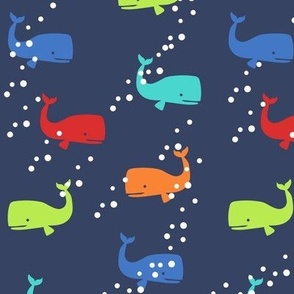 Nautical Happy Bright Color Whales and Bubbles in Navy Ocean Gender Neutral Medium Scale