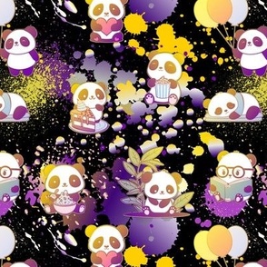 Paint speckled pandas purple and yellow on black